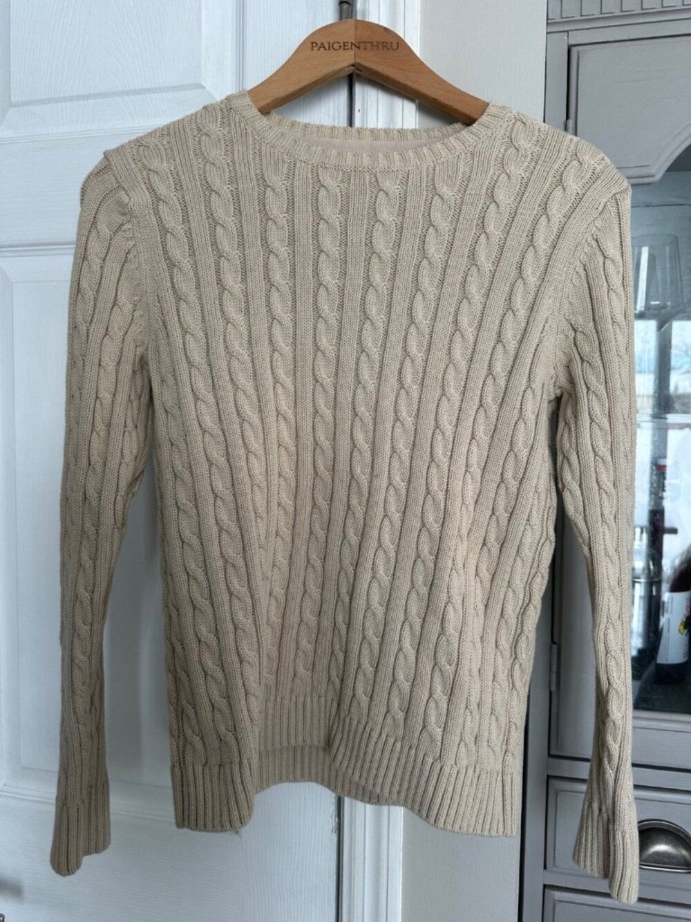 LL Bean Women's M Beige All Over Cableknit Crewneck Sweater Casual Timeless